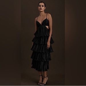 BHLDN by Carly Cushnie Brenna Tiered Pleated V-Neck Cutout Black Midi Dress- NWT